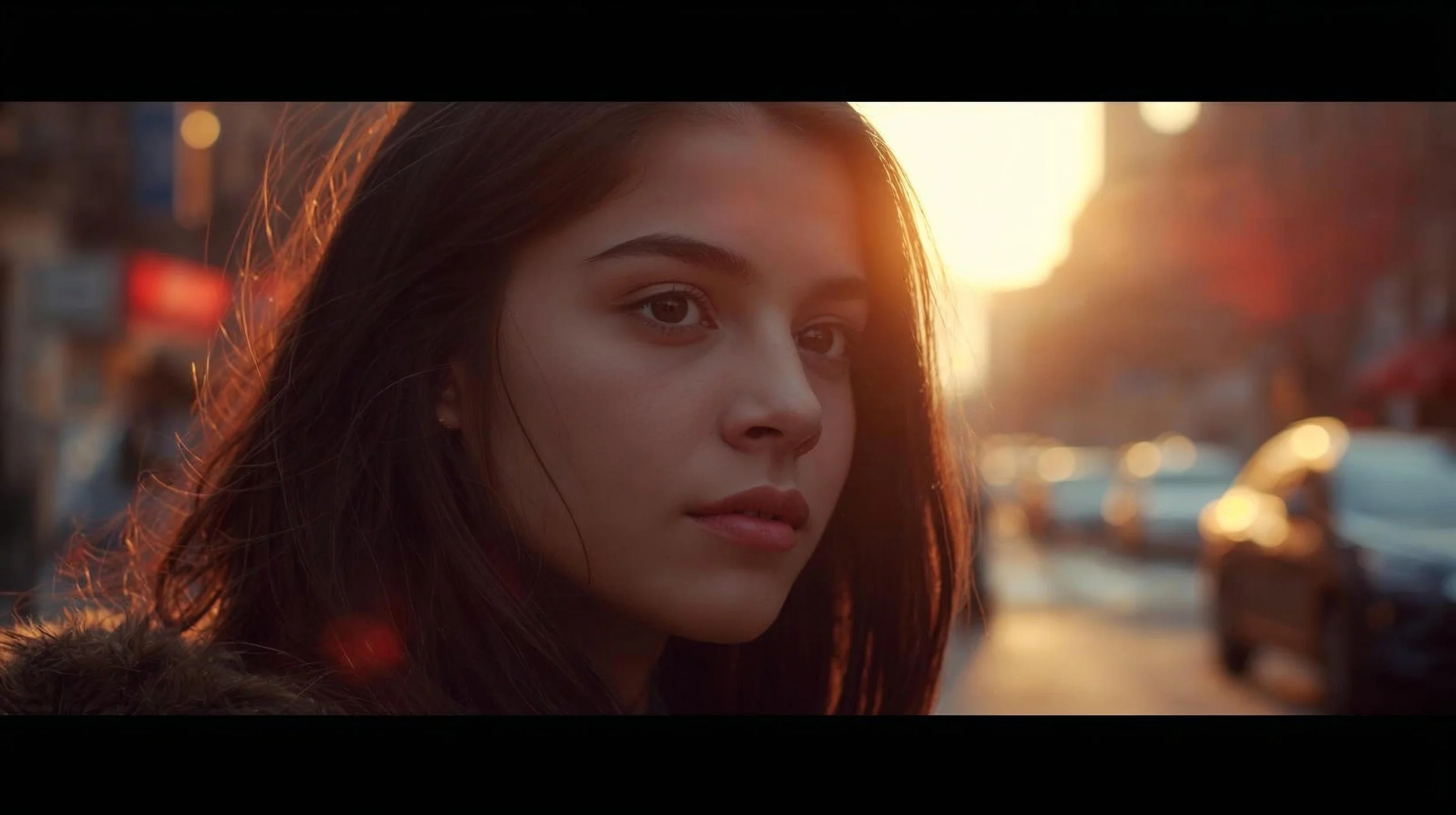 Close-up of a young woman with dark hair and brown eyes standing outdoors at sunset in an urban area with blurred cars and buildings in the background.