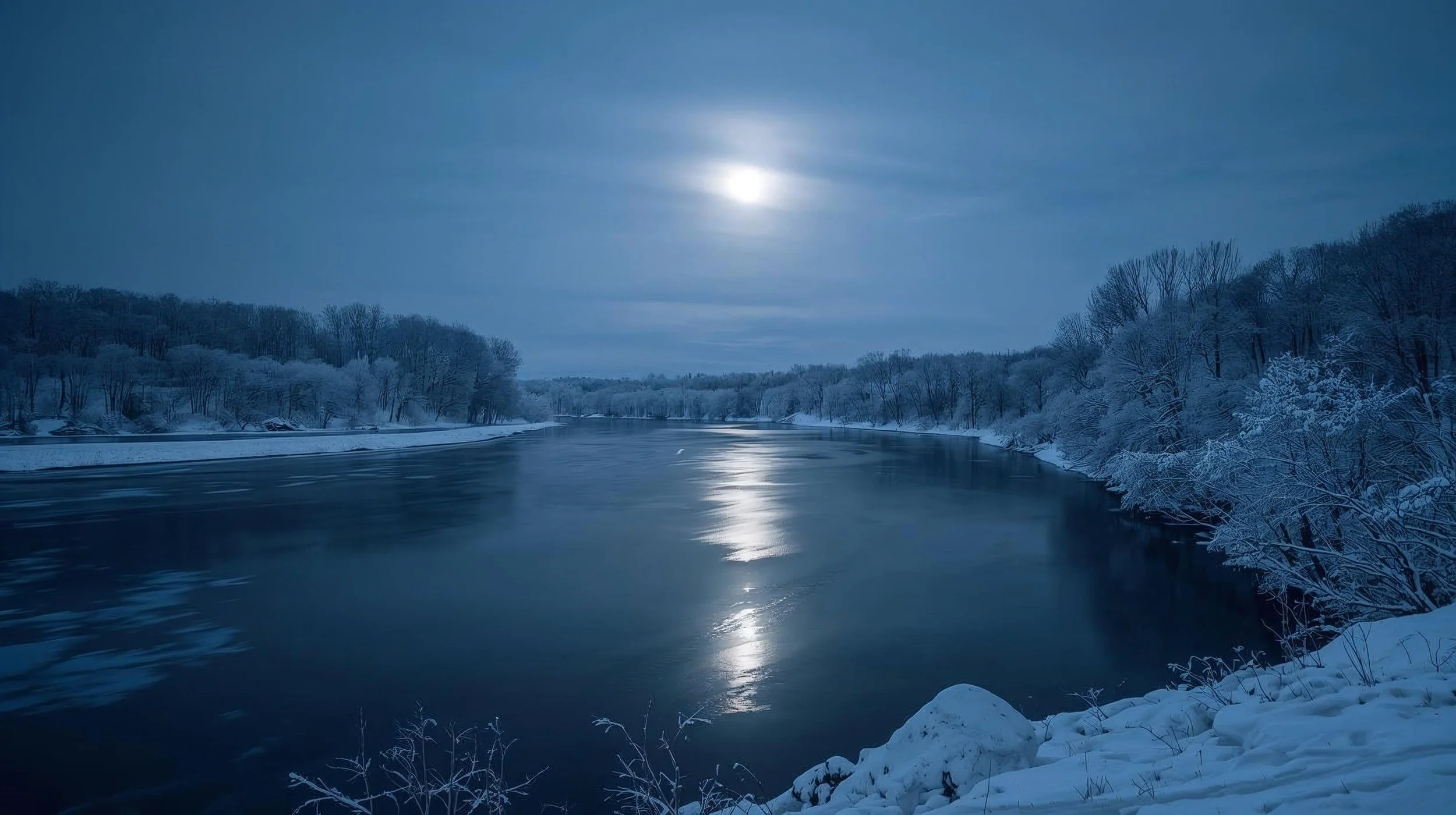 A snow-covered river under a bright moonlit sky with trees along the riverbank.