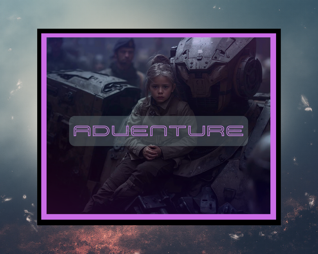 A young girl in military attire sitting on a futuristic robot with the word 'ADVENTURE' overlaid; background of a cloudy, space-like sky.