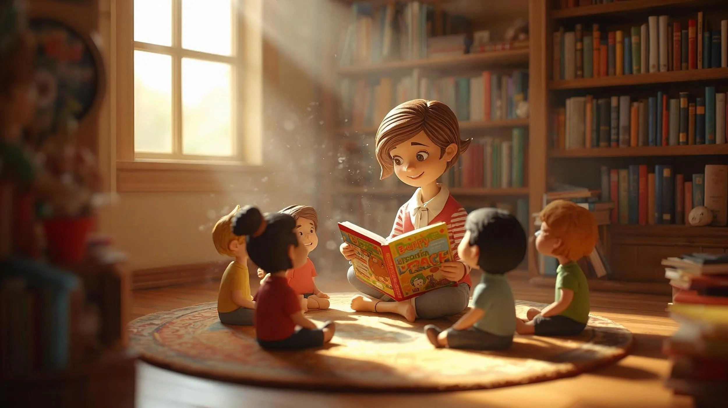 Animated scene of a young woman reading a colorful book to five children sitting cross-legged on a round rug in a cozy library with wooden walls and shelves filled with books, illuminated by warm sunlight coming through a window.
