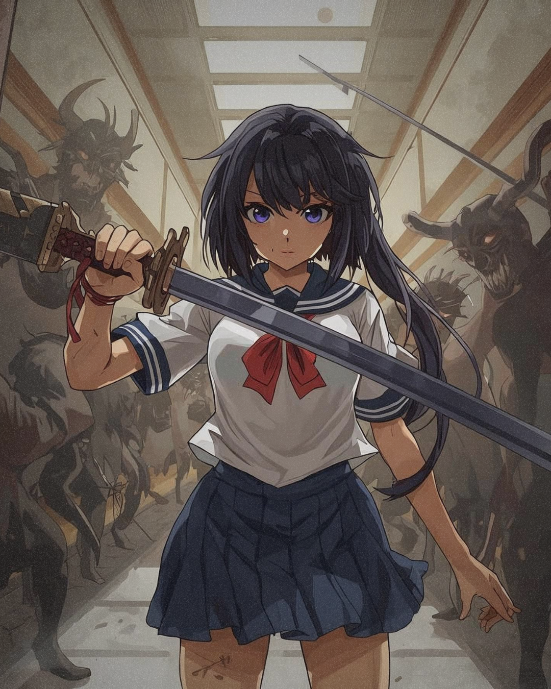 Anime-style girl with long black hair holding a sword, standing in a hallway with dark, monstrous creatures with horns behind her.