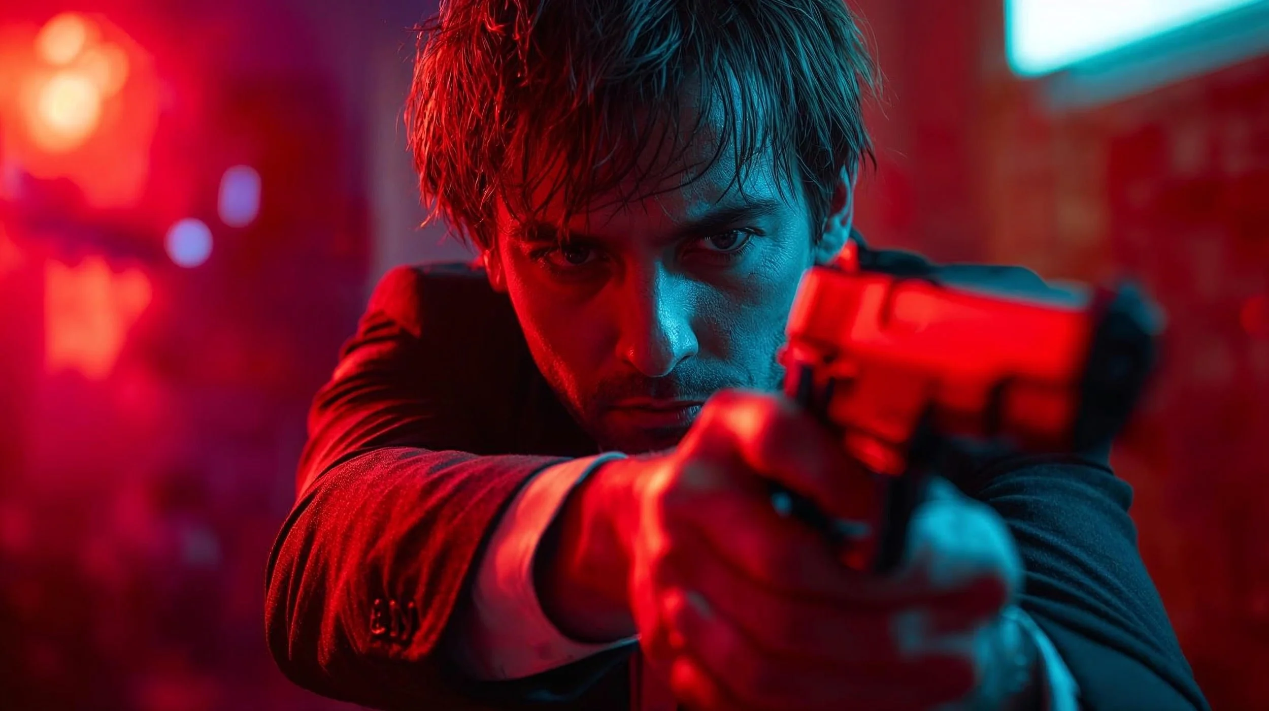 A man with intense expression pointing a gun forward with neon red and blue lighting.