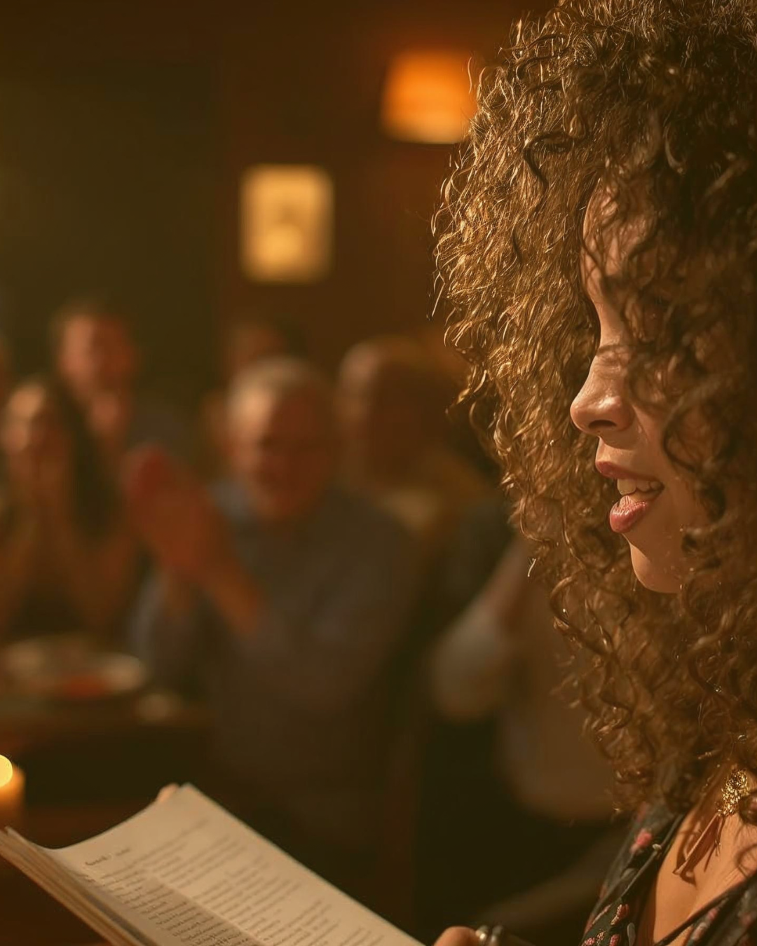 A woman with curly hair reading from a paper in a dimly lit room with blurred people in the background.