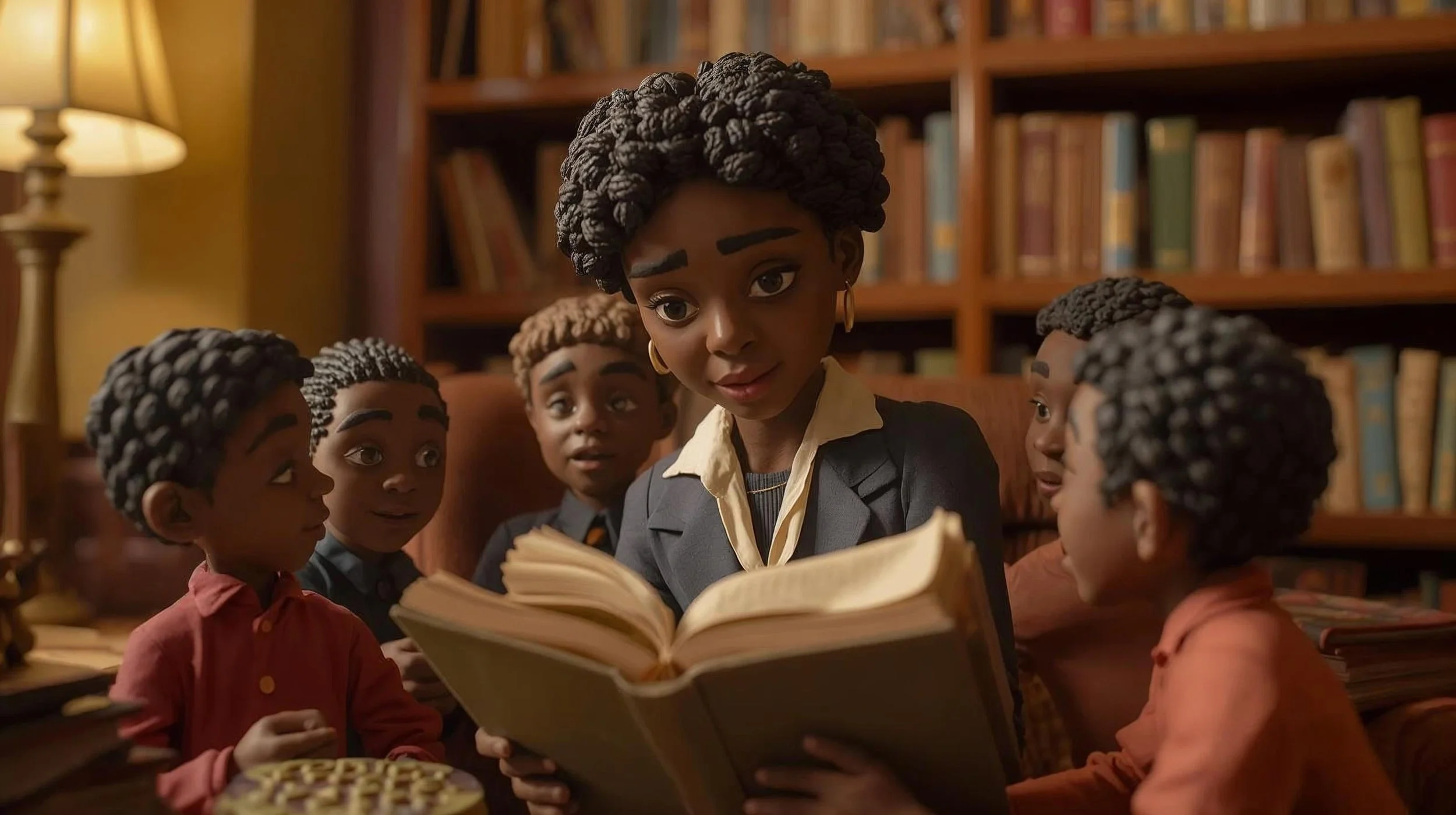 Animated scene of a woman reading a book to five children in a library, surrounded by bookshelves and warm lighting.