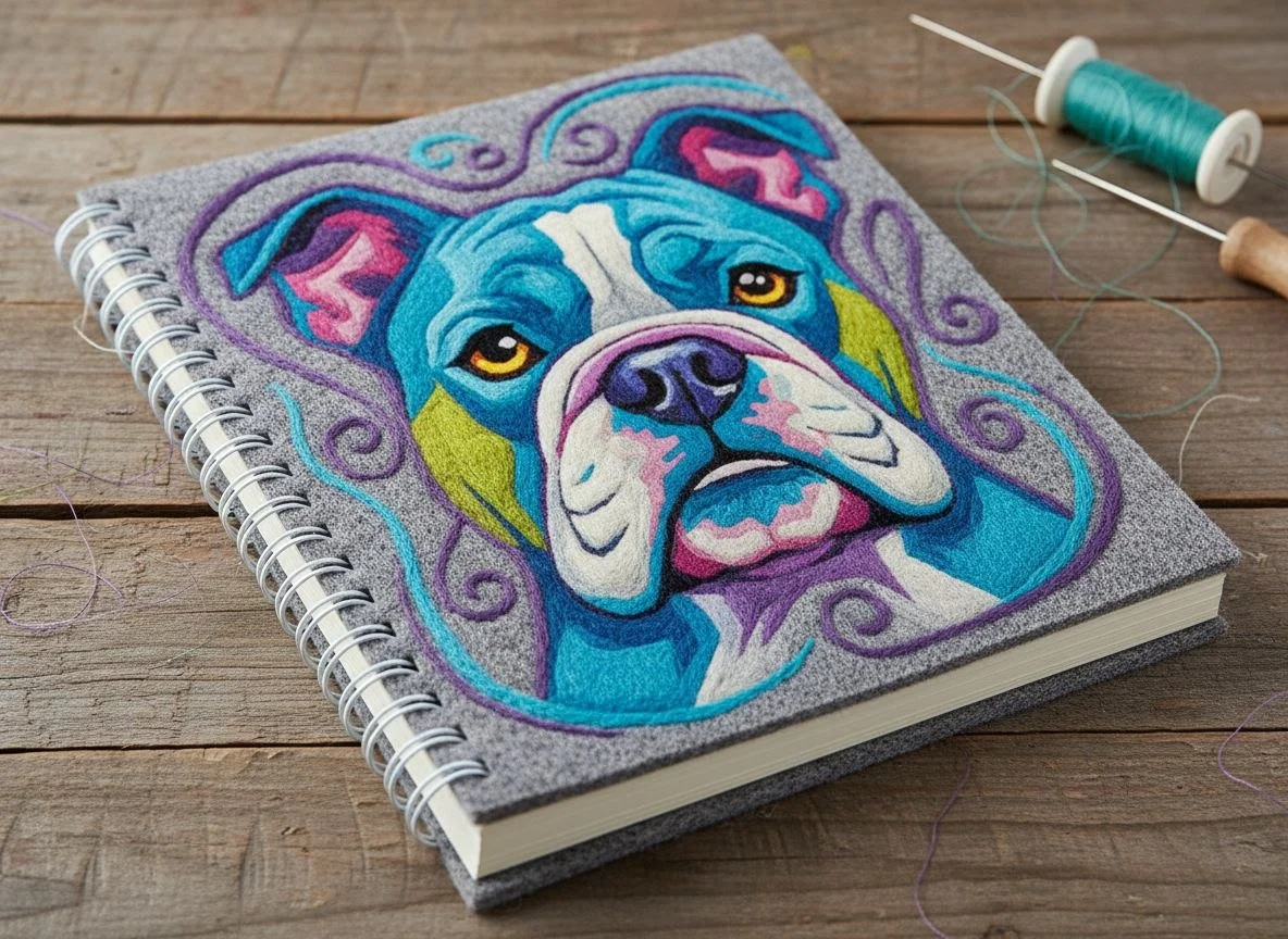 A spiral-bound sketchbook with a colorful embroidered dog face on the cover, placed on a wooden surface alongside a spool of thread and a needle.