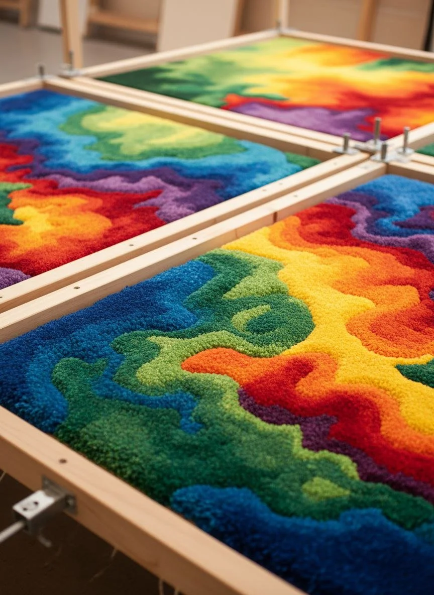 Colorful plush abstract rug being assembled on a wooden frame.
