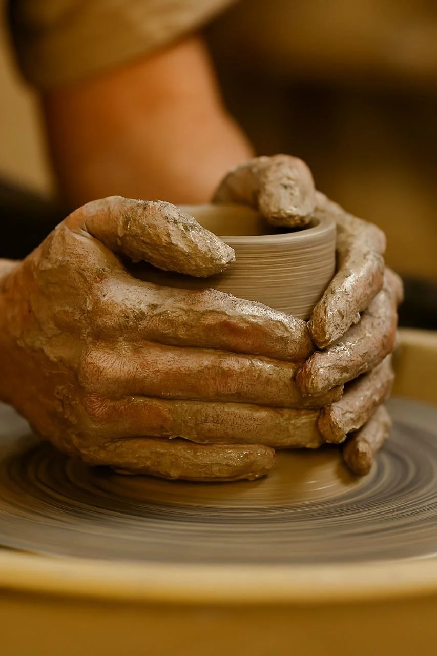 Close-up of a person shaping a ceramic pot on a pottery wheel with clay-stained hands.