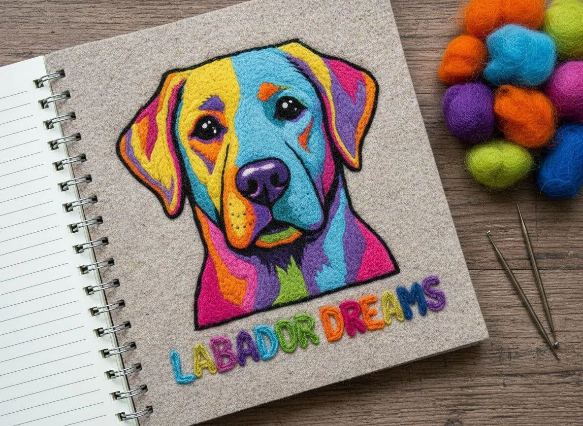 Colorful embroidered artwork of a Labrador Retriever's face on a notebook cover with the words "LABRADORS DREAMS" in multicolored thread beneath it, surrounded by felted wool balls and sewing tools.