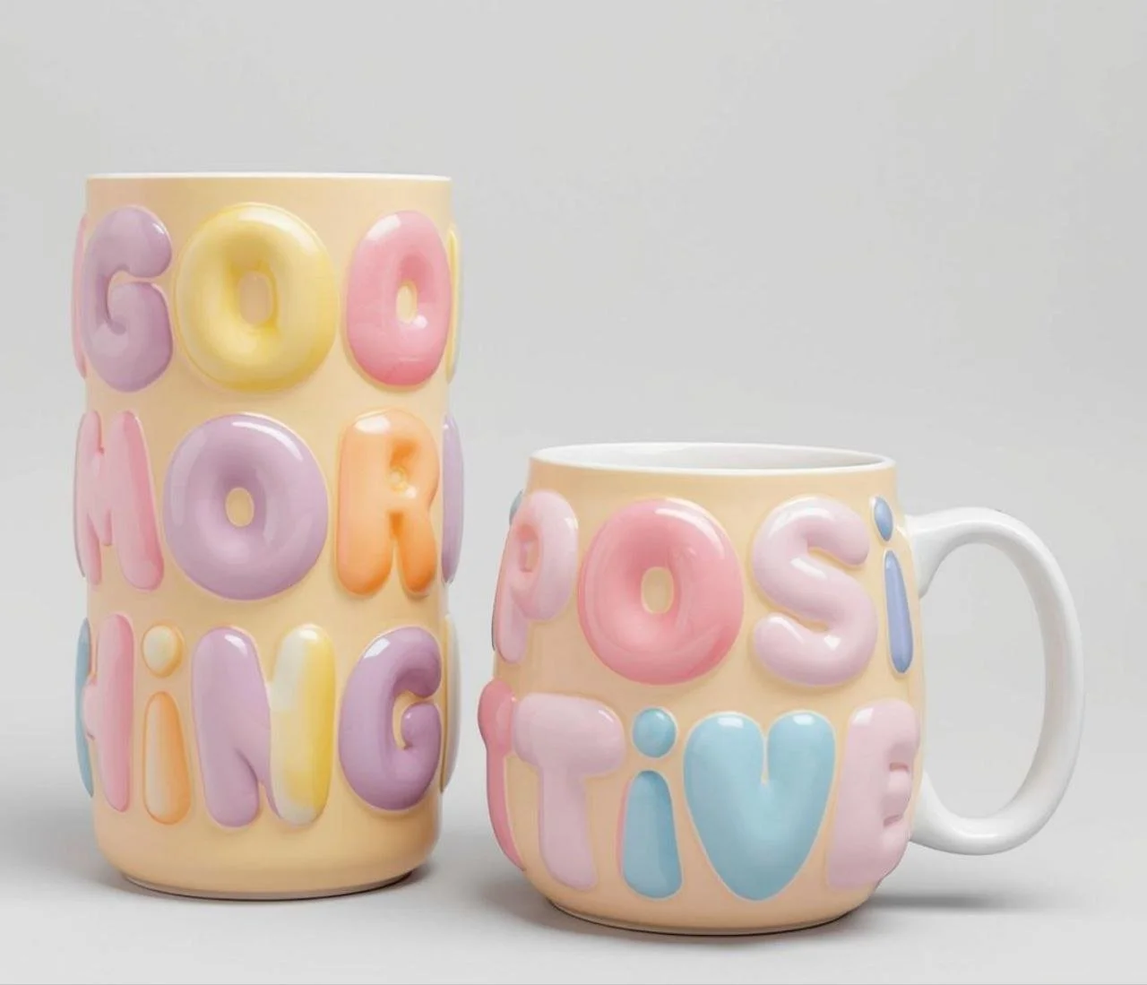 Two pastel-colored mugs with 3D letters spelling out 'Good Morning' and 'Posi Tivi' in bubblegum style, one tall and one short, against a plain light background.