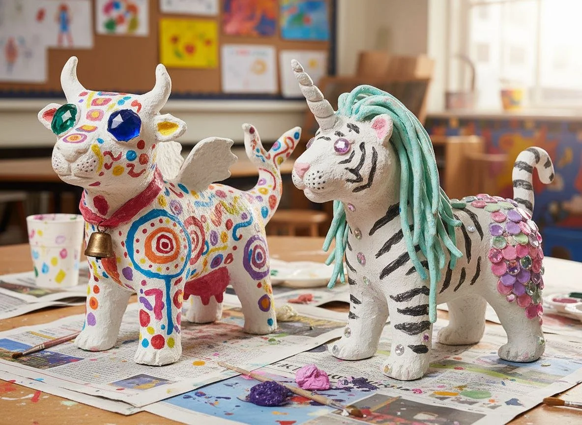 Two decorated unicorn and dragon figurines on a table covered with newspapers and paint, in an art classroom.