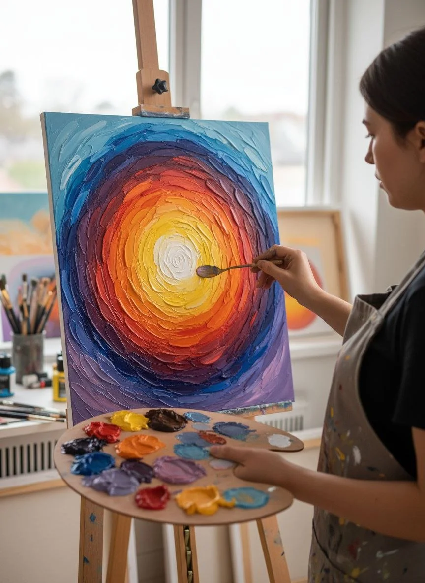 A woman painting a vibrant, circular abstract canvas with warm colors in the center and cooler colors outwardly on an easel, using a palette of mixed paints.