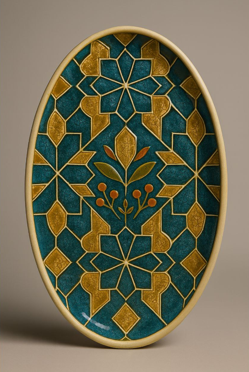 Decorative oval tray with geometric and floral patterns in teal, gold, and orange, outlined with a cream-colored border.