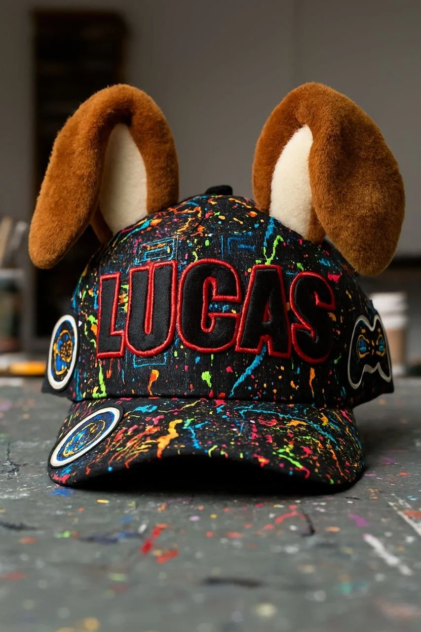 A colorful baseball cap with a splattered paint design, embroidered with the name 'LUCAS'. The cap has two plush bunny ears attached and additional patches on the brim. It is placed on a surface with paint spots.