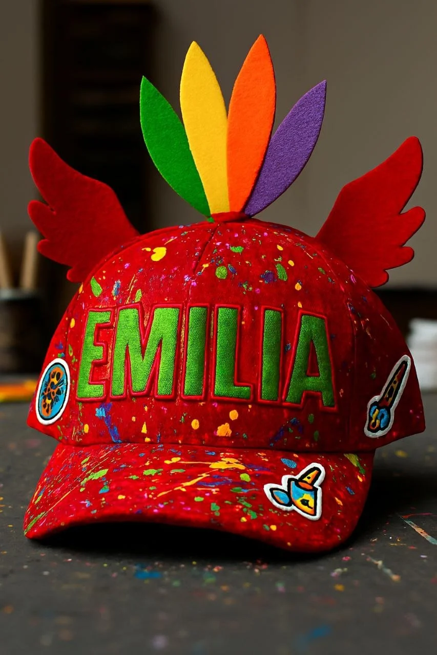 Red cap decorated with colorful splatters, green embroidered name 'Emilia', and three patches with paint supplies; adorned with large felt feathers in rainbow colors and red felt wings, resembling a turkey.