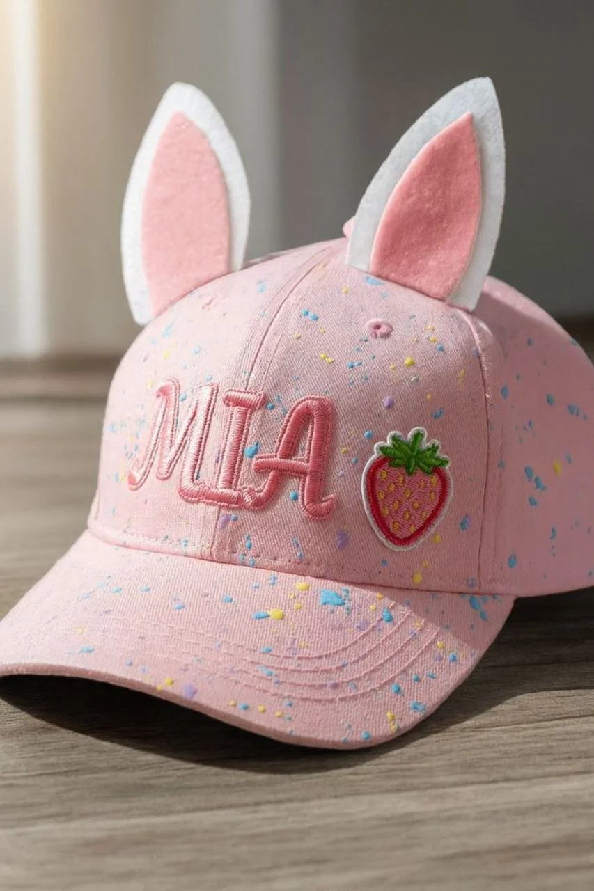 Pink baseball cap with embroidered strawberry patch, pink and white bunny ears, and the word 'MIA' on the front, decorated with colorful paint splatters.