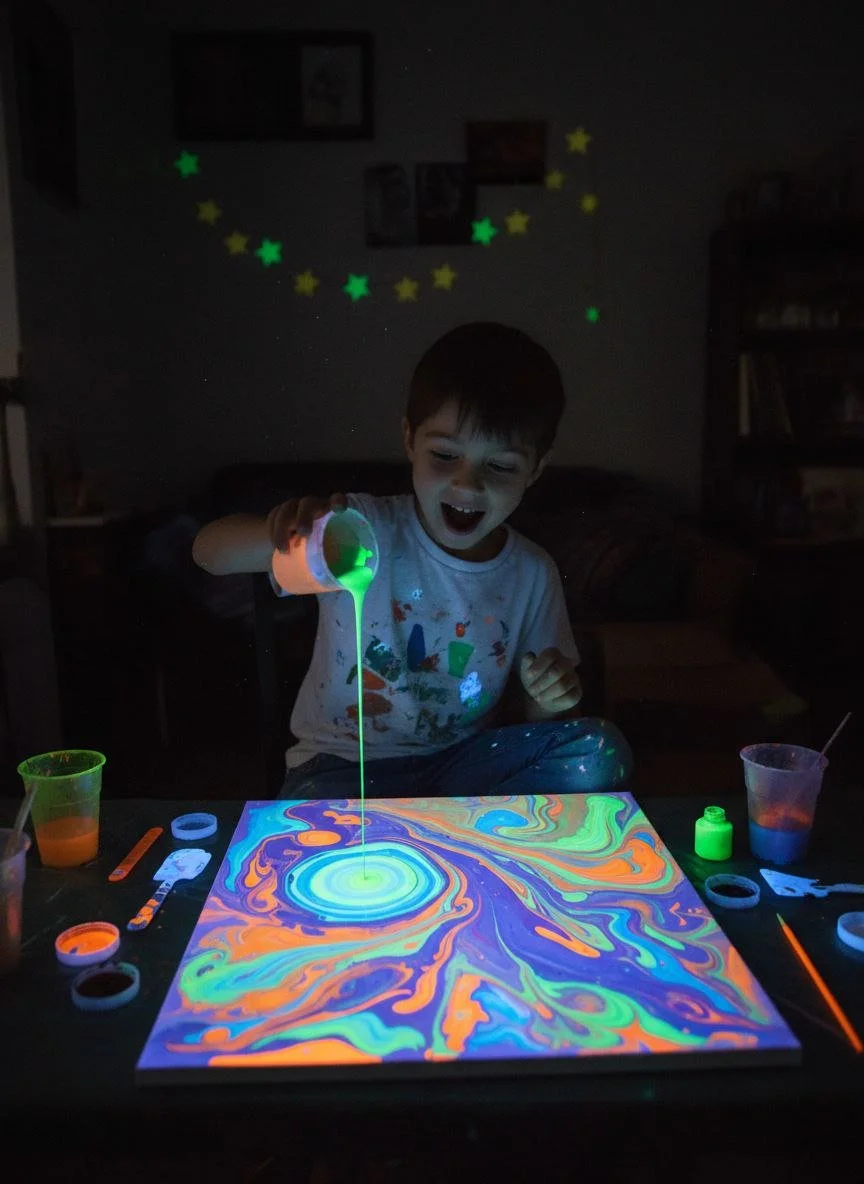 Young boy playing with glowing fluorescent paint on a table, creating swirling patterns in the dark.