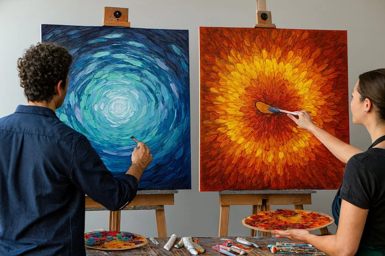 Two artists painting abstract swirl artworks on canvases; one in shades of blue, and the other in warm reds and oranges.
