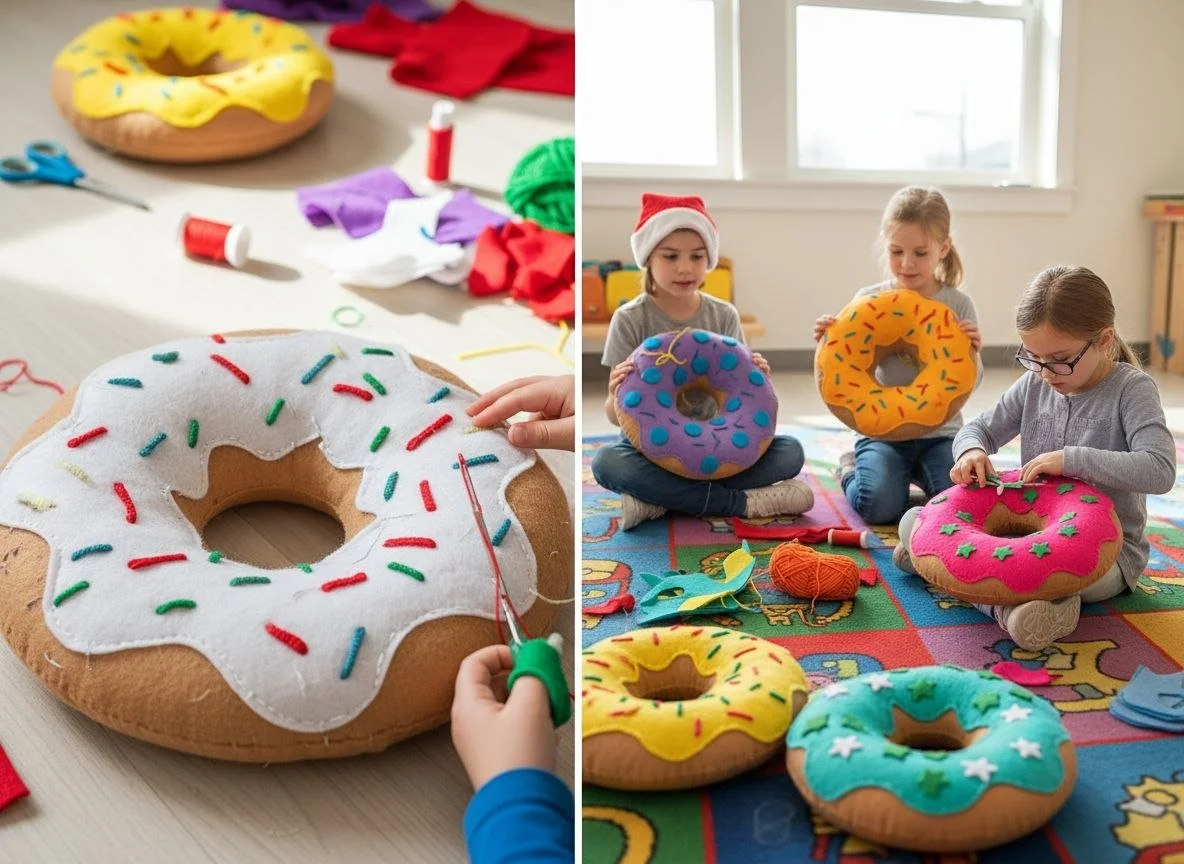 Children in a classroom seated on a colorful rug, holding large toy donuts decorated with bright icing and sprinkles, with crafting supplies like felt, thread, and scissors scattered around.