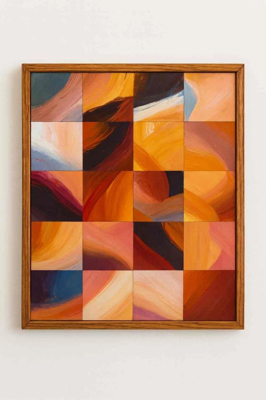 Abstract painting with swirls of orange, red, yellow, black, white, and blue on a grid of small squares, framed in wood.
