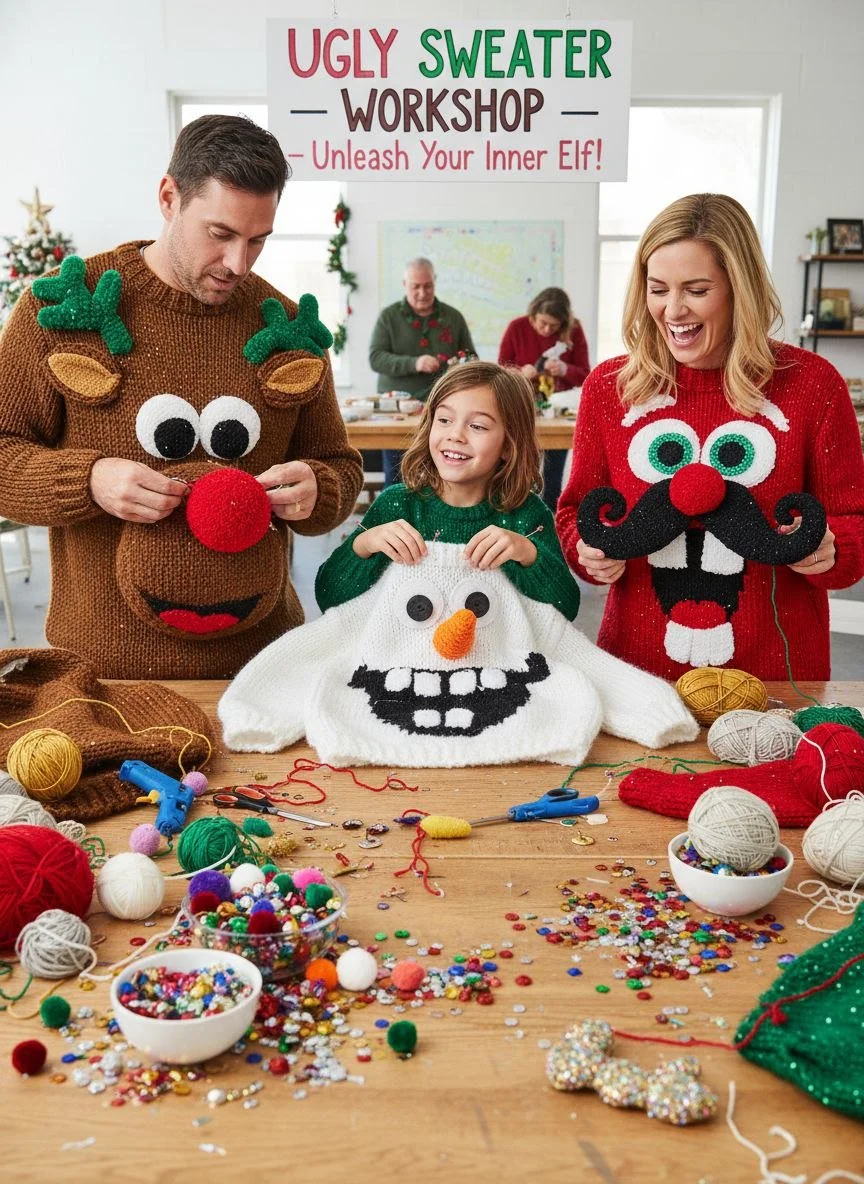 People participating in a Christmas craft workshop called "Ugly Sweater Workshop" with a banner that says "Unleash Your Inner Elf". They are making festive holiday sweaters and accessories, surrounded by yarn, beads, and decorations.