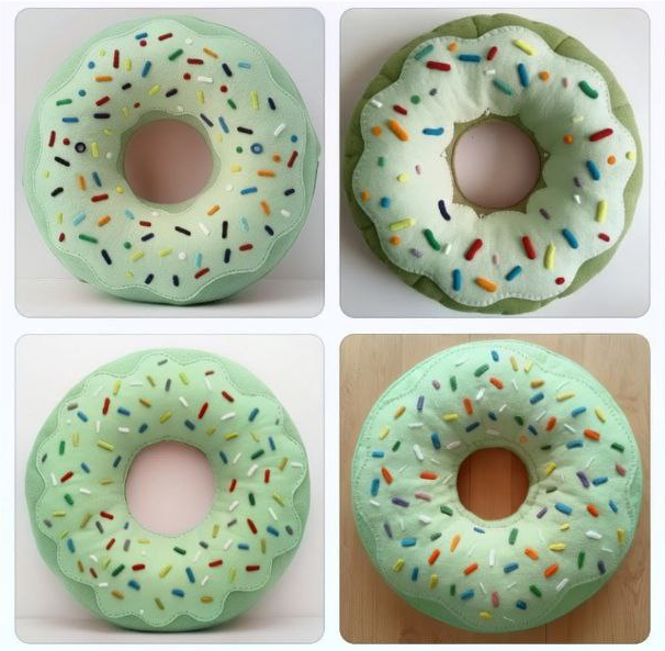 Four plush toys resembling donuts with light green icing and colorful sprinkles, each with a different background and slight variations in shape and design.