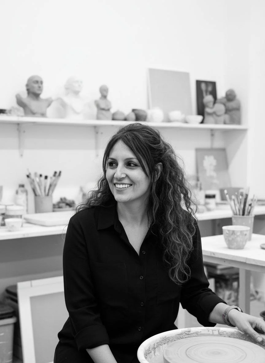 A woman with long, curly hair smiling and sitting in an art studio surrounded by pottery supplies and sculpted busts on shelves.
