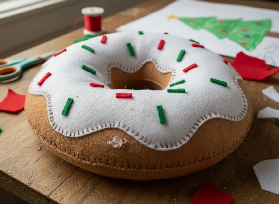 Felt Christmas tree ornament in the shape of a donut with white frosting and green and red sprinkles, on a craft table.