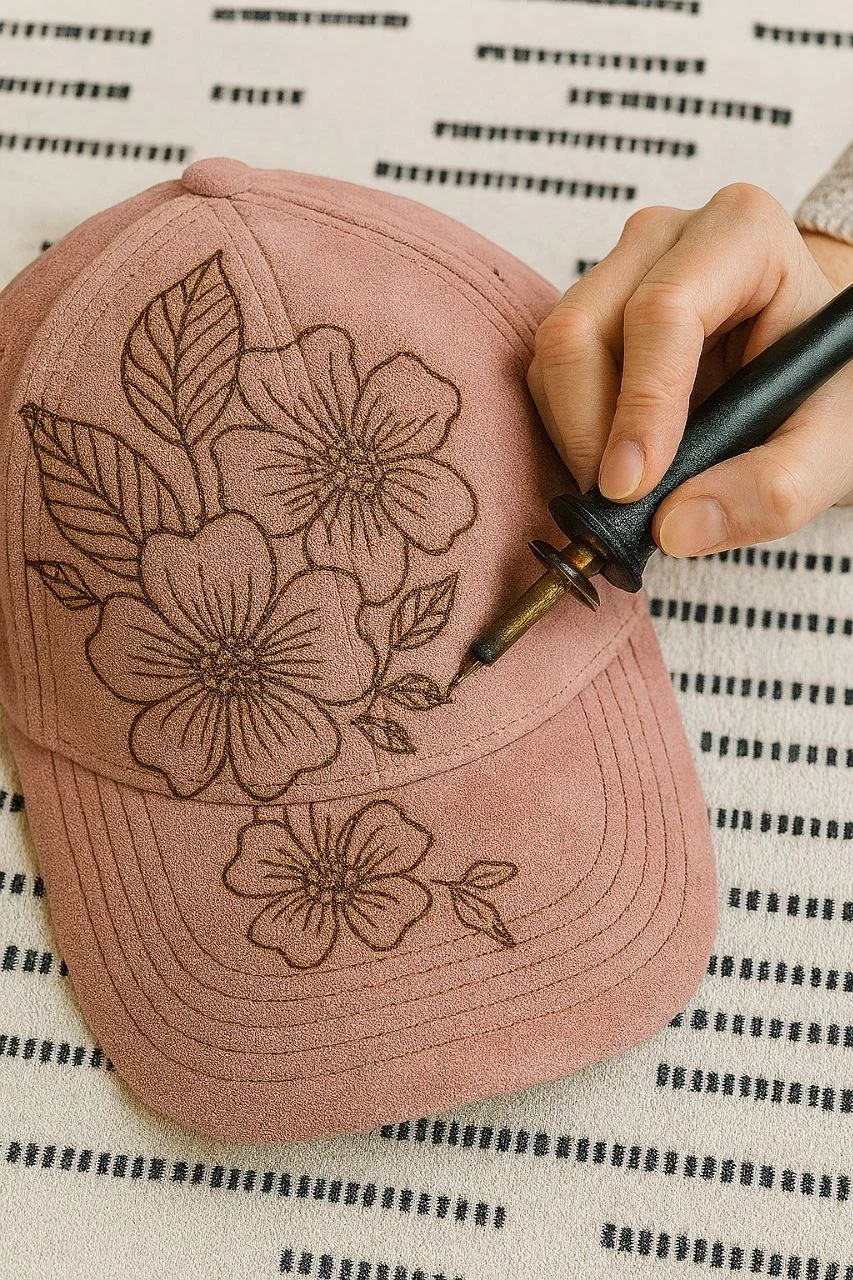 A person is drawing floral designs on a pink baseball cap with a soldering iron. The cap is placed on a black-and-white striped surface.