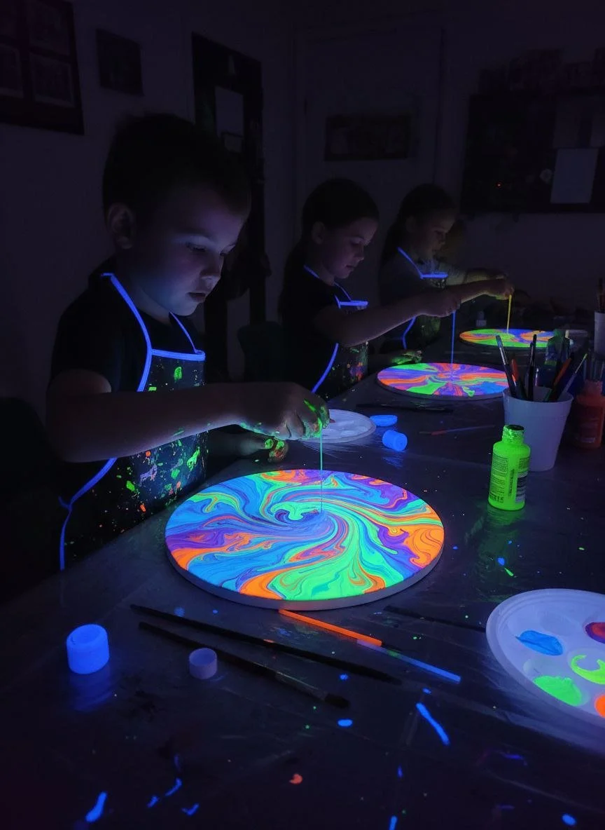 Children crafting glow-in-the-dark paintings in a dark room with neon colors.