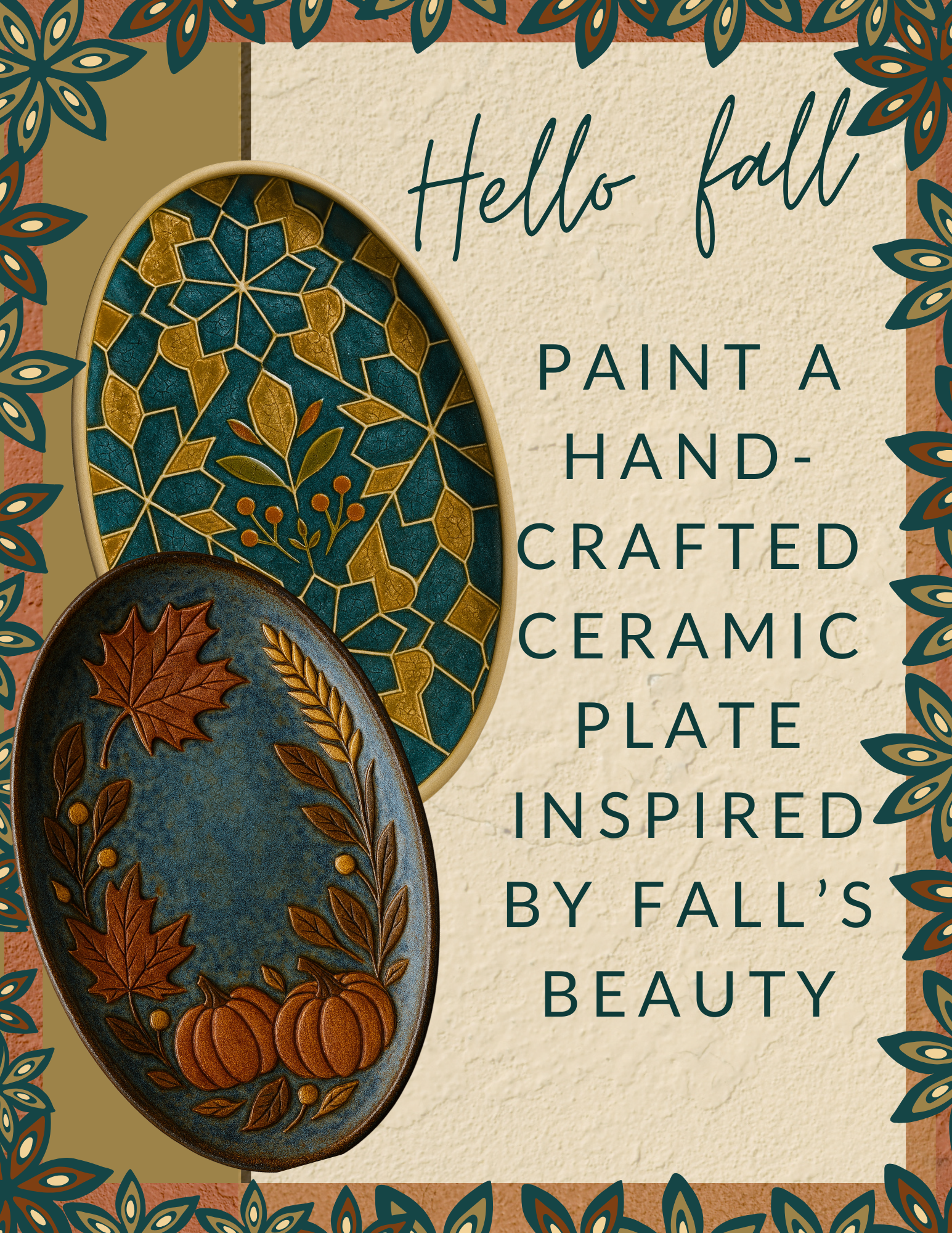 Two ceramic plates with fall-themed designs featuring leaves, berries, and pumpkins, placed on a textured background with a decorative border, accompanied by text promoting handcrafted ceramic plates inspired by fall's beauty.