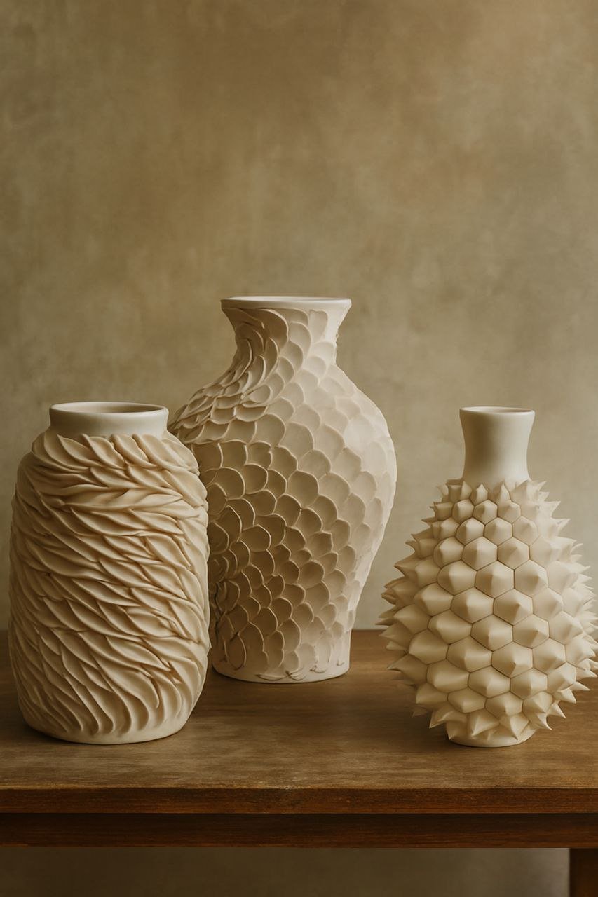 Three white textured ceramic vases with intricate surface patterns on a wooden surface, against a neutral background.