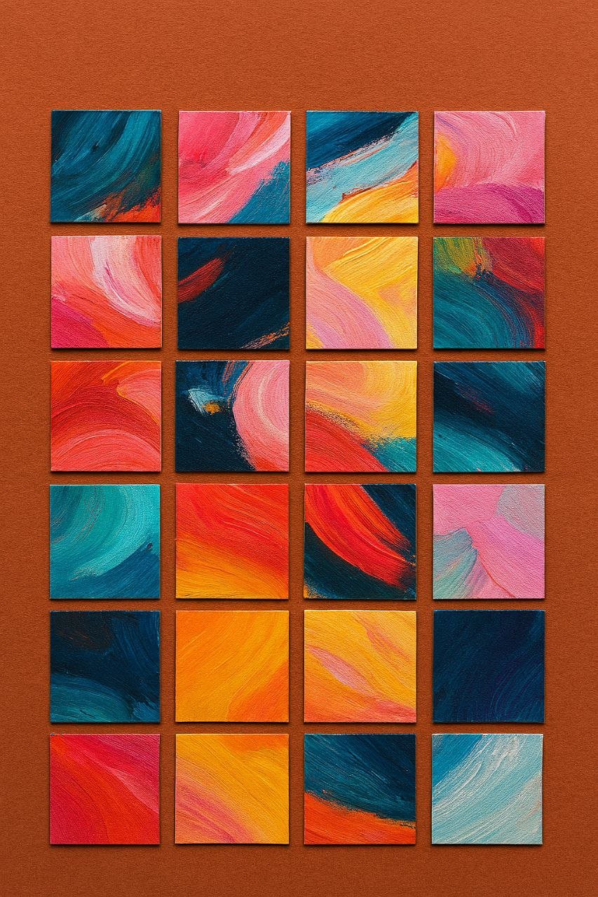 A grid of 20 small colorful abstract paintings with swirling brushstrokes, on a brown background.