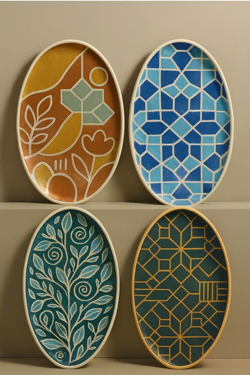 Four oval decorative trays with geometric and floral patterns in various colors, arranged on a display shelf.