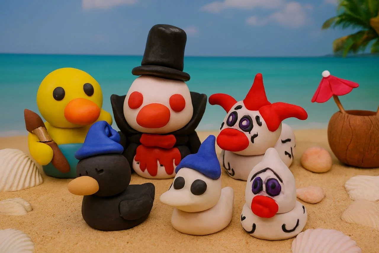Colorful clay sculptures on a beach scene include a little yellow duck with an orange beak holding a brown object, a clown with a black top hat, red nose, and black and red outfit, a white creature with red horns, a red nose, and purple eyes, a black bird with a blue hat, and a white creature with purple eyes, a red nose, and black spots, all set against sand, seashells, and ocean background with a coconut with a pink umbrella.
