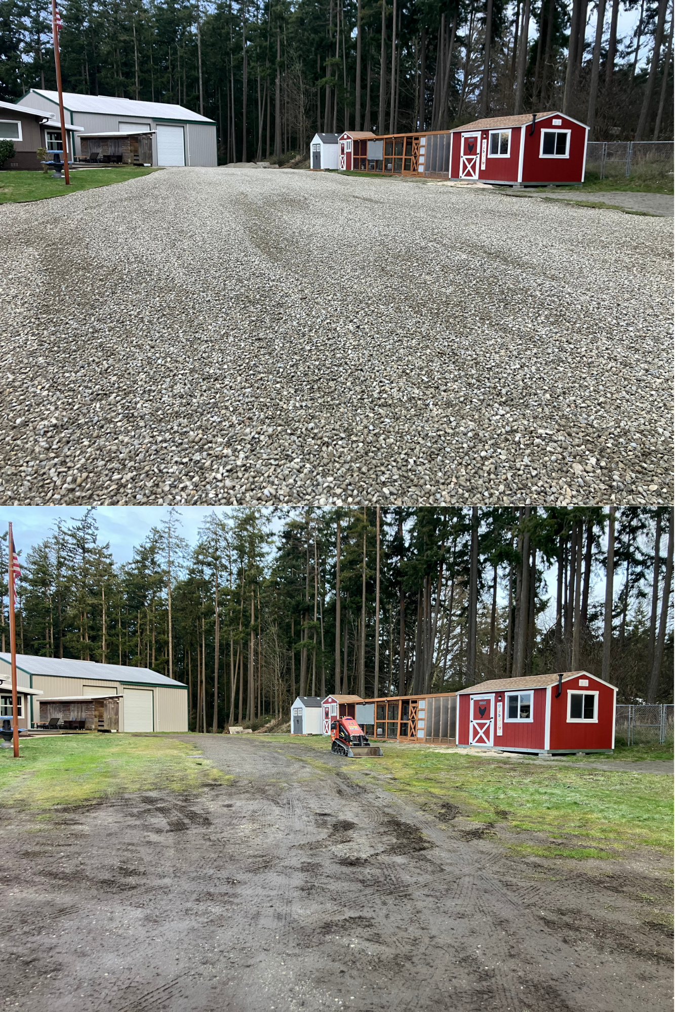Comparison of an old dirt driveway in the first image and a new resurfaced gravel driveway in the second image with a small red shed and a larger gray building in the background, surrounded by tall trees.