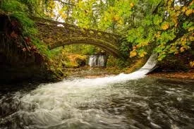 A stone bridge over a flowing river surrounded by trees with autumn foliage.