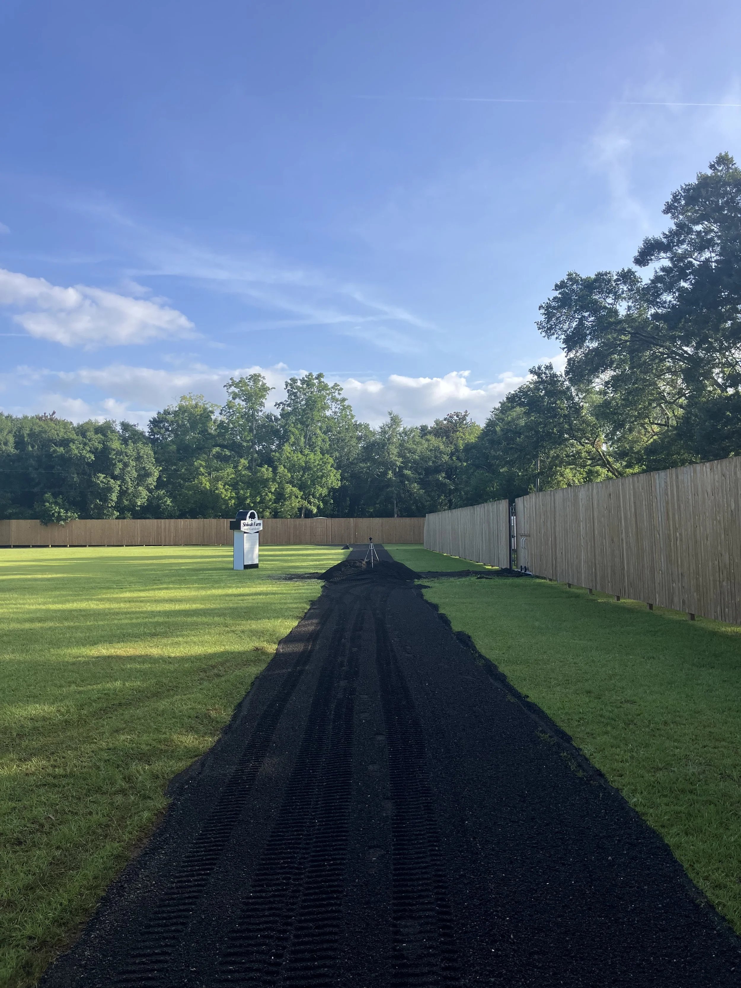 green grass bordering new recycled asphalt driveway install