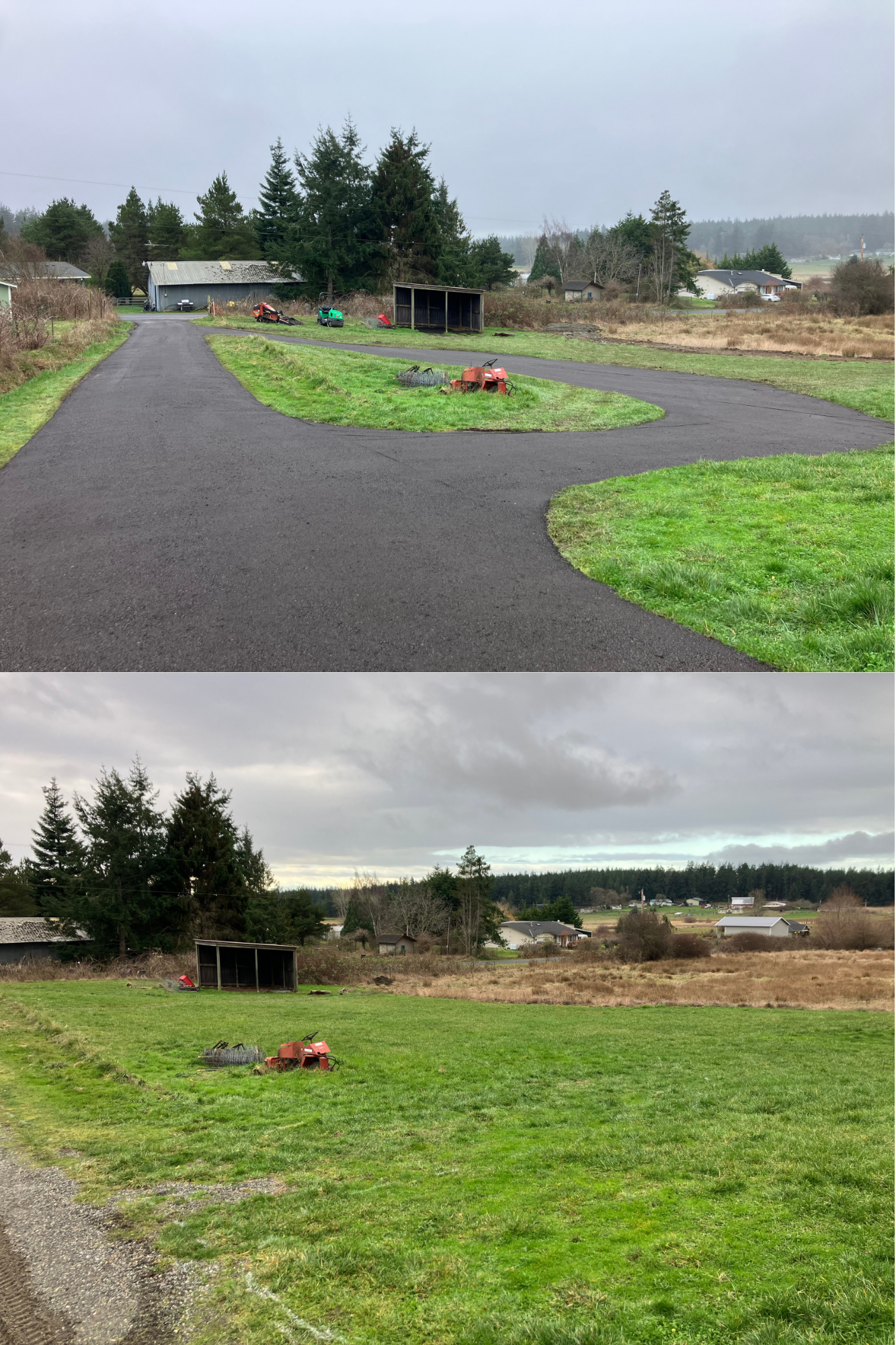 Before and after images of a rural landscape showing a grassy field with a small shed, a tractor, and some equipment. The first image shows the area with freshly cut green grass, the second image shows the area a new driveway with recycled asphalt