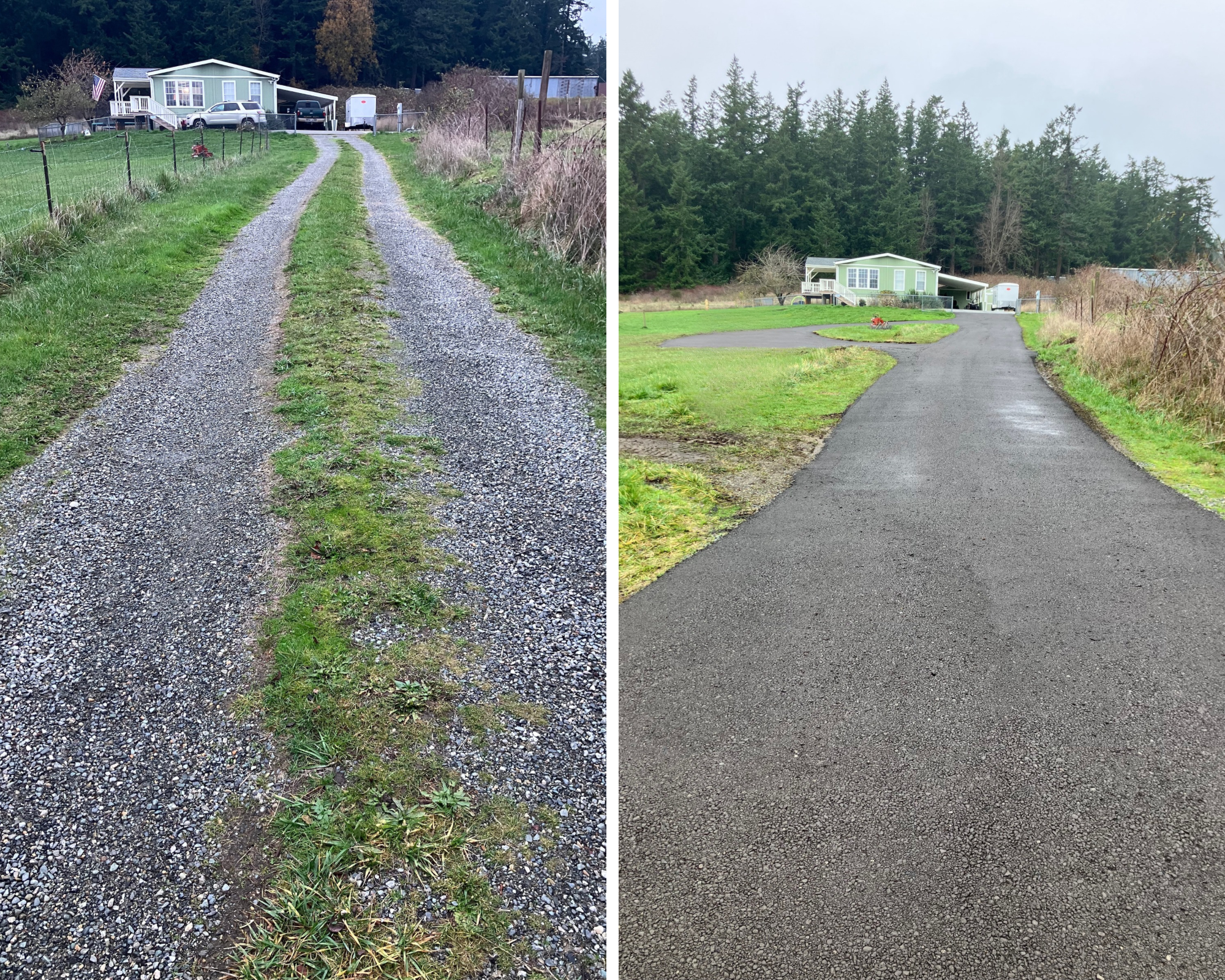 Comparison of two driveway surfaces: the left shows an old gravel driveway with grass growing through, leading up to a house; the right shows a resurfaced recycled asphalt driveway leading up to the same house with a new area in front.
