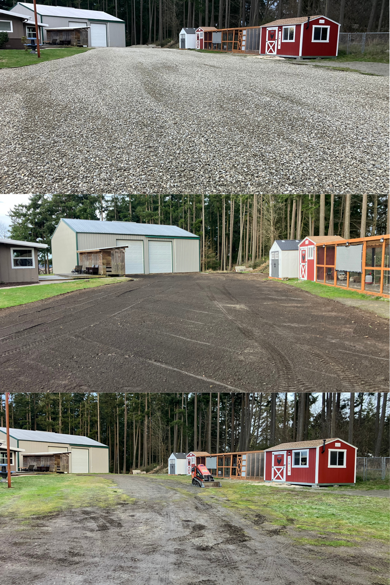 Sequence of three photos showing a yard improving from dirt to 1 1/4" minus gravel, with a shed, a small white shed, a red shed with a barn door, and a small red shed, with trees in the background.