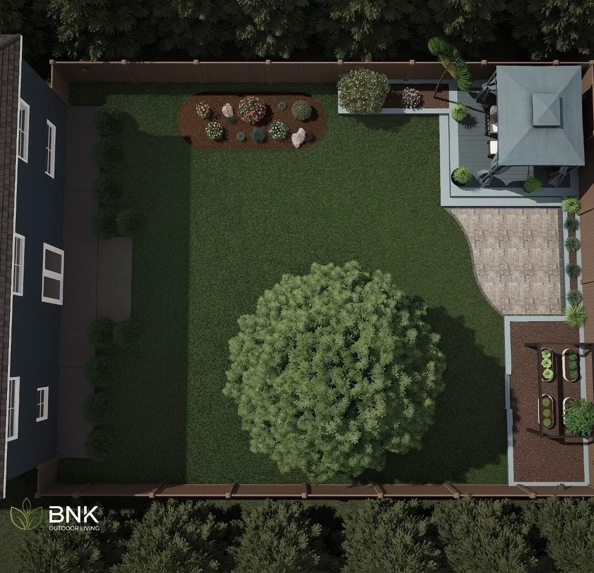 A top-down view of a fenced backyard with a lawn, large tree, garden bed, patio with a gazebo and chairs, plant beds, and decorative rocks.