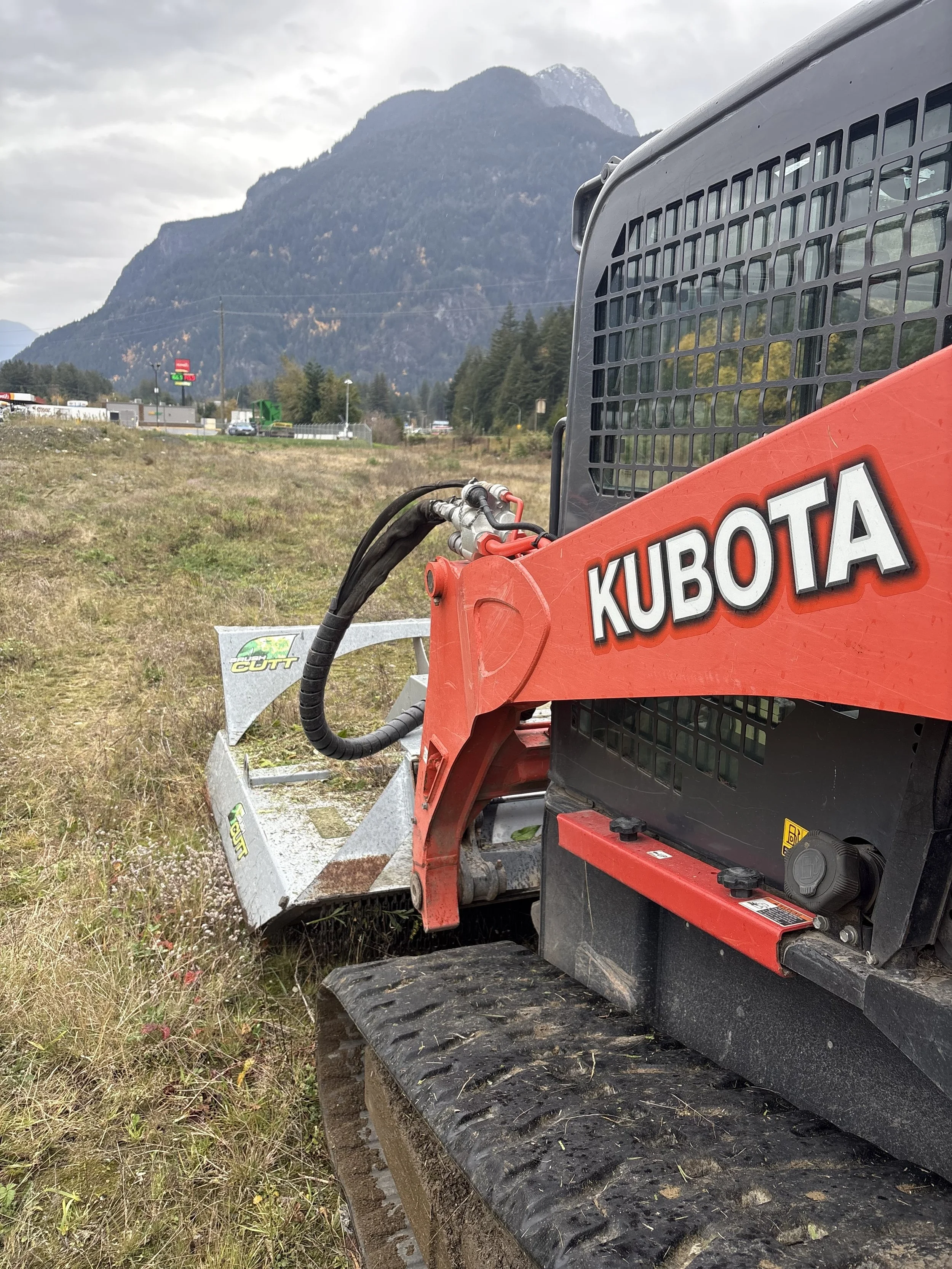 Close-up of a red Kubota mini excavator with a weed brush attachment on a grassy field with a mountain and cloudy sky in the background.