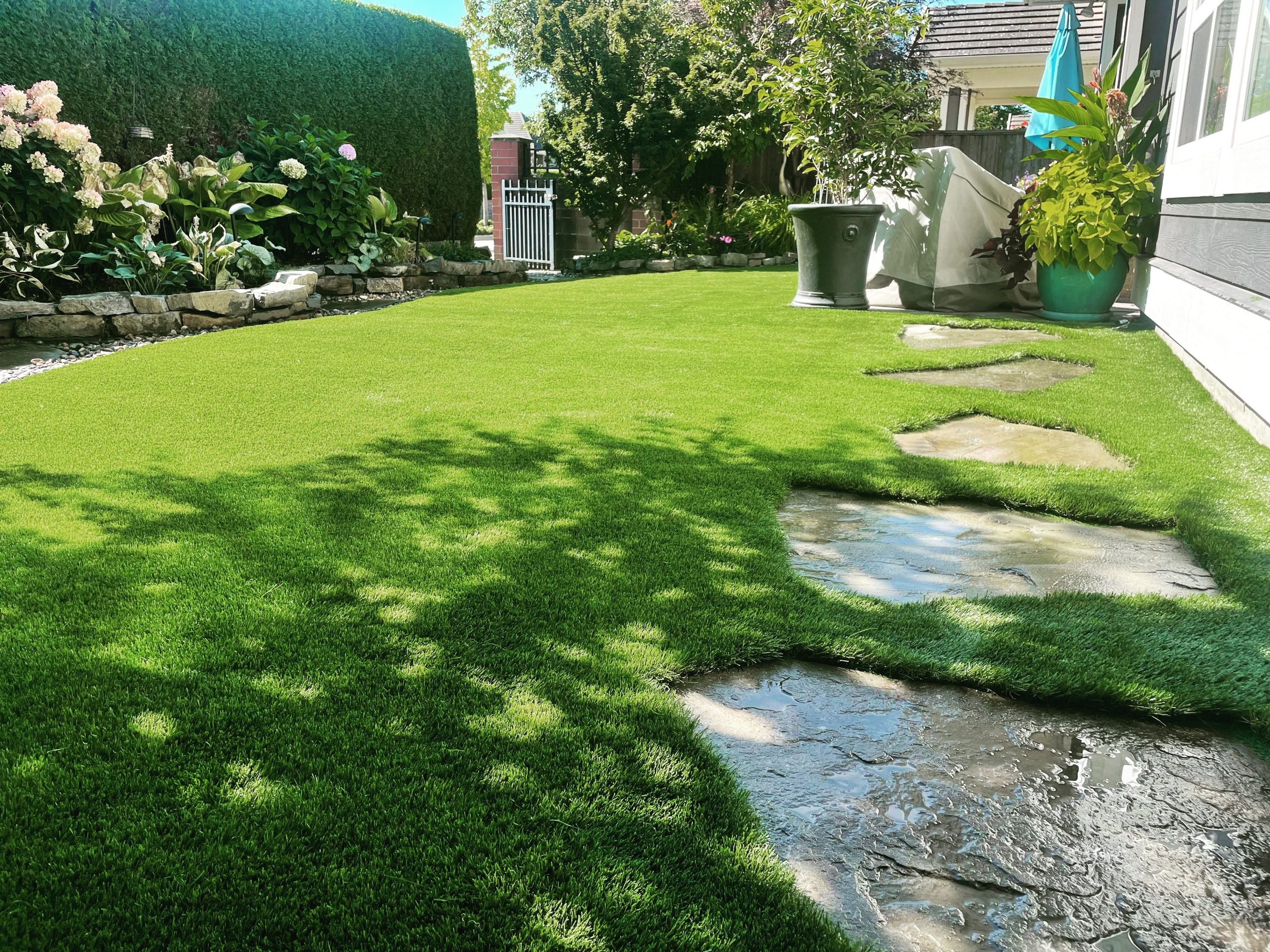 A well-maintained backyard with a lush green lawn, a stone pathway leading to the house, potted plants, and garden borders with flowering plants and shrubs.