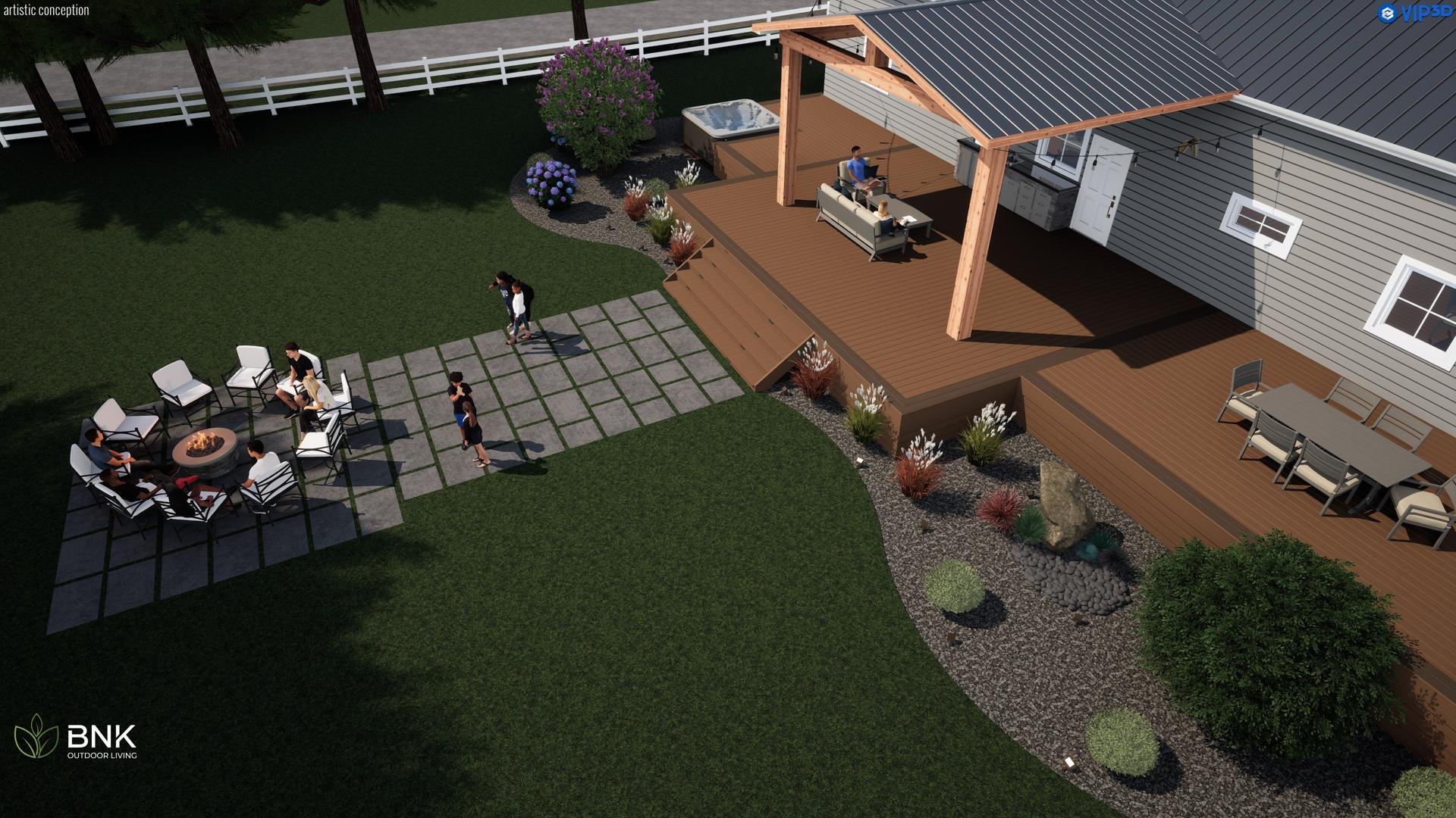 A backyard patio with a fire pit surrounded by chairs, a group of people sitting and standing around it, a deck with outdoor furniture and a grill, landscaped with plants, bushes, and trees, enclosed by a white fence.