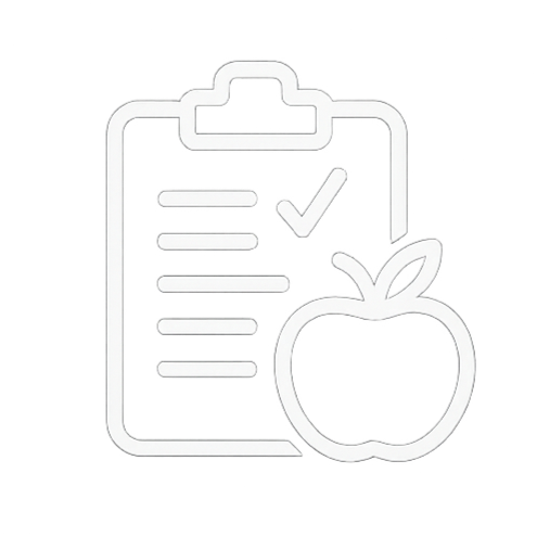Illustration of a clipboard with a checklist and a checkmark, alongside an apple symbolizing health or diet.