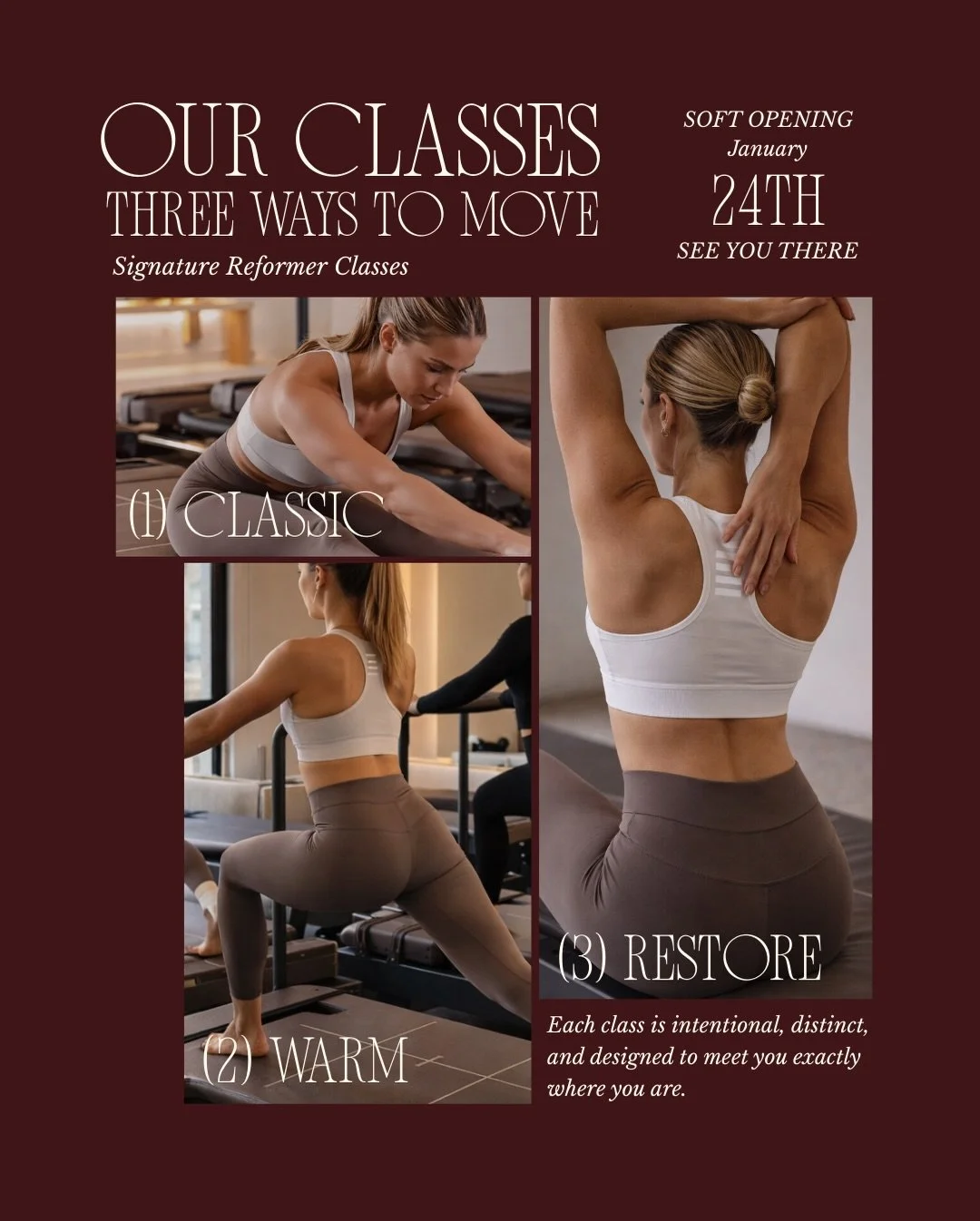 Three ways to move at Control Six 🤎⁠
(1) Classic &mdash; our signature full-body reformer class⁠
(2) Warm &mdash; elevated heat + intentional movement⁠
(3) Restore &mdash; slower pace + deep reset⁠
⁠
Now that memberships and booking are officially l