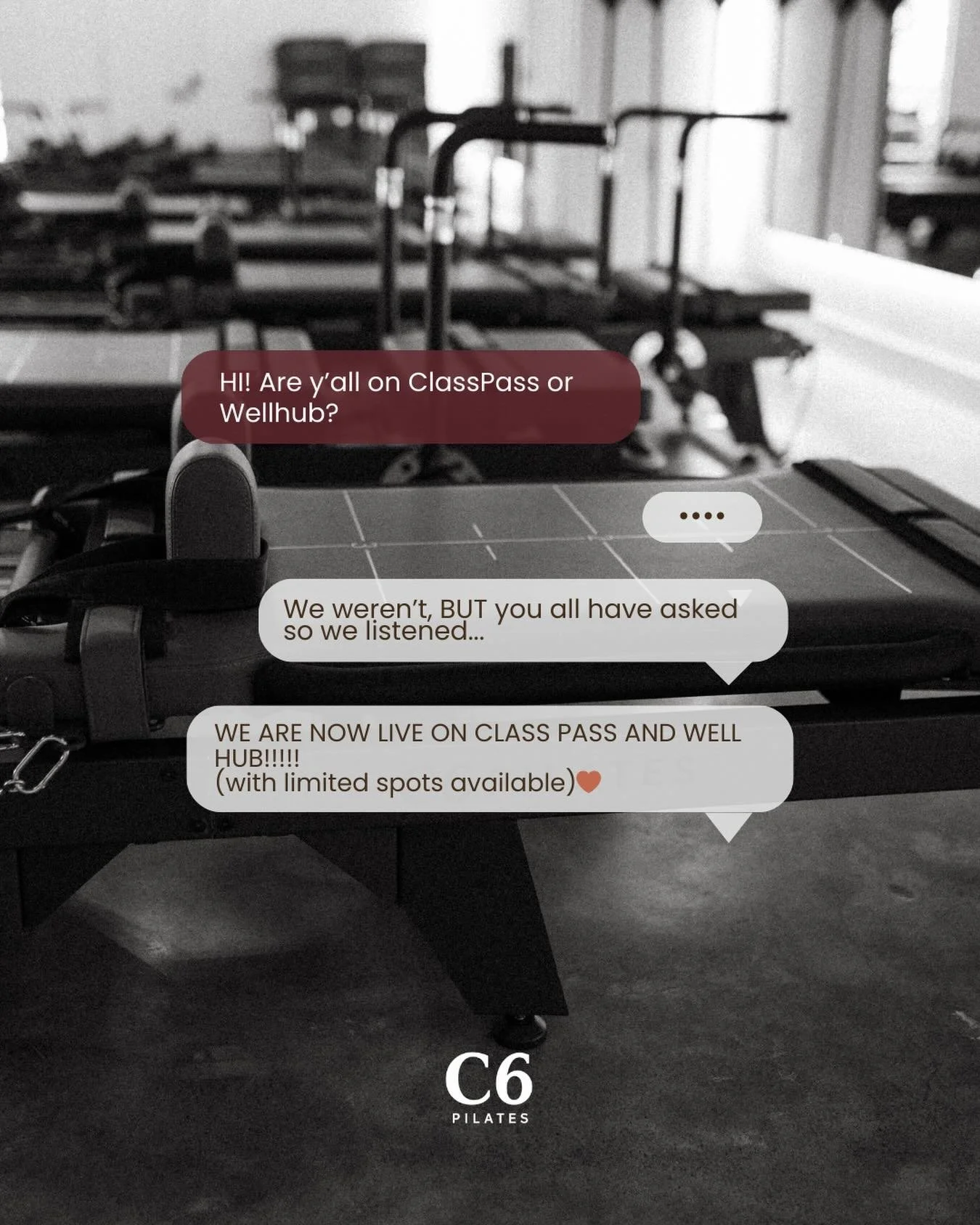 WE ARE GIVING THE PEOPLE WHAT THEY WANT!⁠
⁠
You asked for ClassPass and Wellhub, and we said yes 🤎⁠
Control Six is now live on ClassPass with limited spots available.⁠
⁠
See you on the reformers!