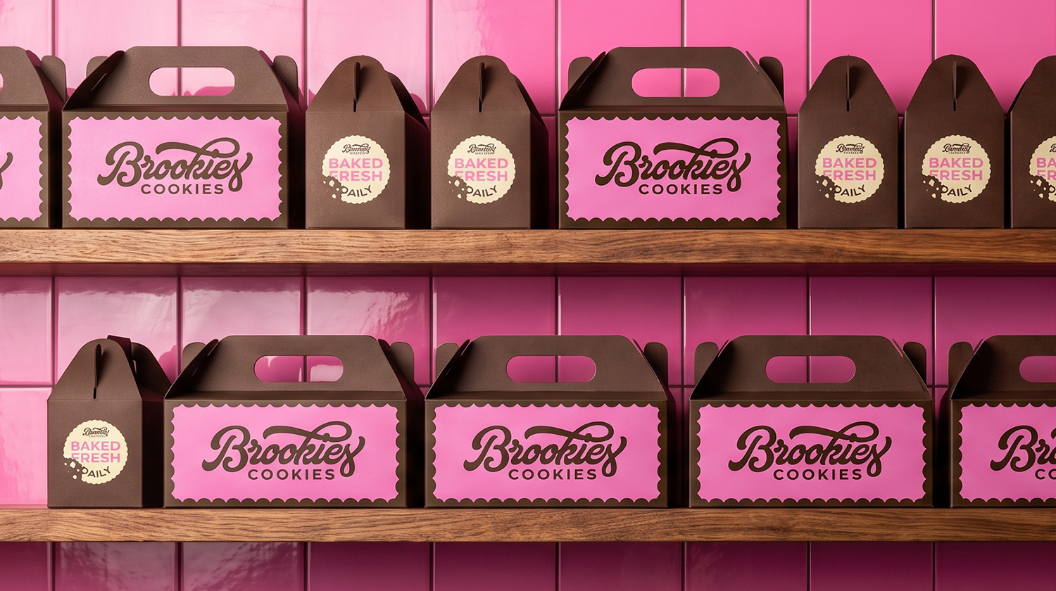 Pink cardboard bakery boxes labeled 'Brookies Cookies' and 'Baked Fresh Daily' on wooden shelves against pink tiled walls.