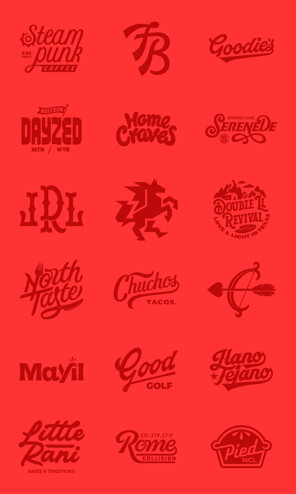 Collection of various vintage-style logos and typography designs in red and black, featuring words and phrases such as 'Steam punk COFFEE,' 'Goodies,' 'Dazed,' 'Home Caves,' 'SerenEDE,' 'North Taste,' 'Chuchos TACOS,' 'Mayi,' 'Good GOLF,' 'Rome COLLISION,' and 'Pied NCL,' against a red background.