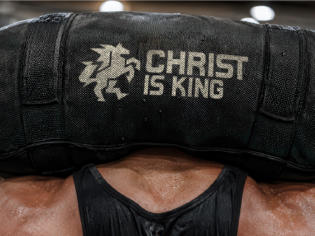 Close-up of a black boxing or MMA glove with a lion logo and text that reads 'Christ is King,' placed on a person's shoulder.